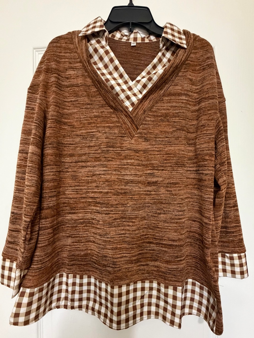 Layered Brown V-Neck Tunic with Gingham Trim